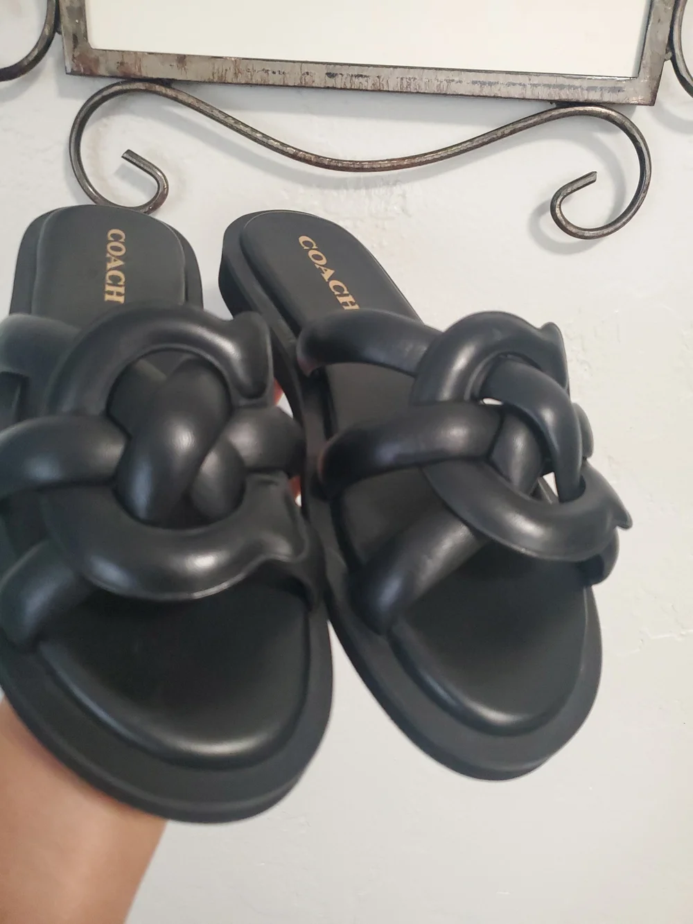 Coach Black Knotted Leather Slide Sandals